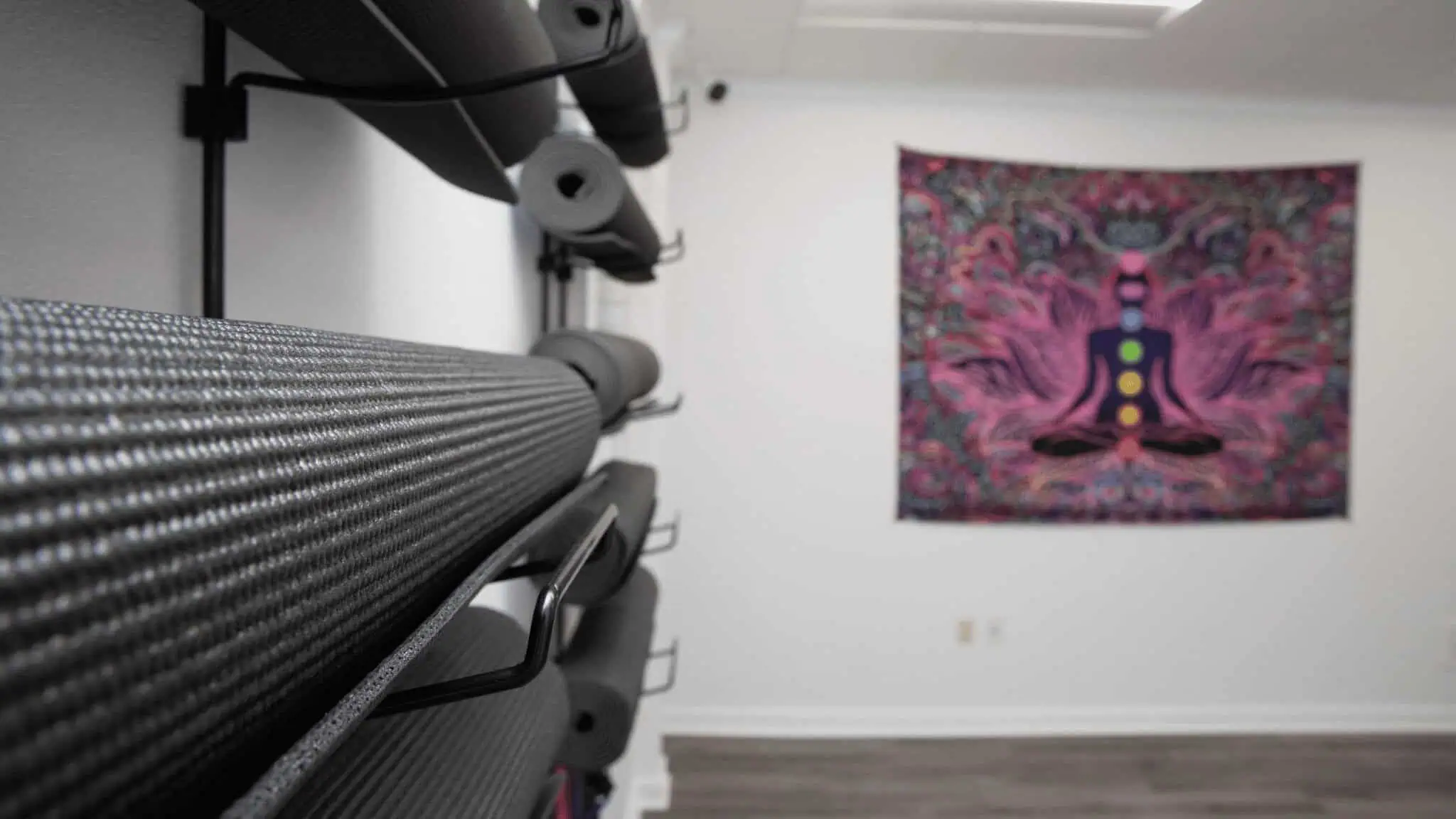 View of yoga mats mounted to the wall at Rolling Hills.