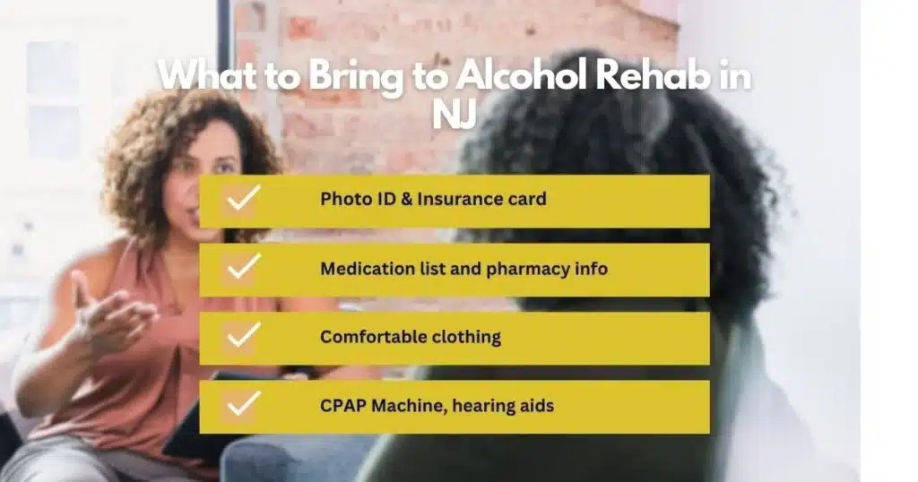 Packing checklist graphic with ID, meds, clothing, and documentation for New Jersey alcohol detox