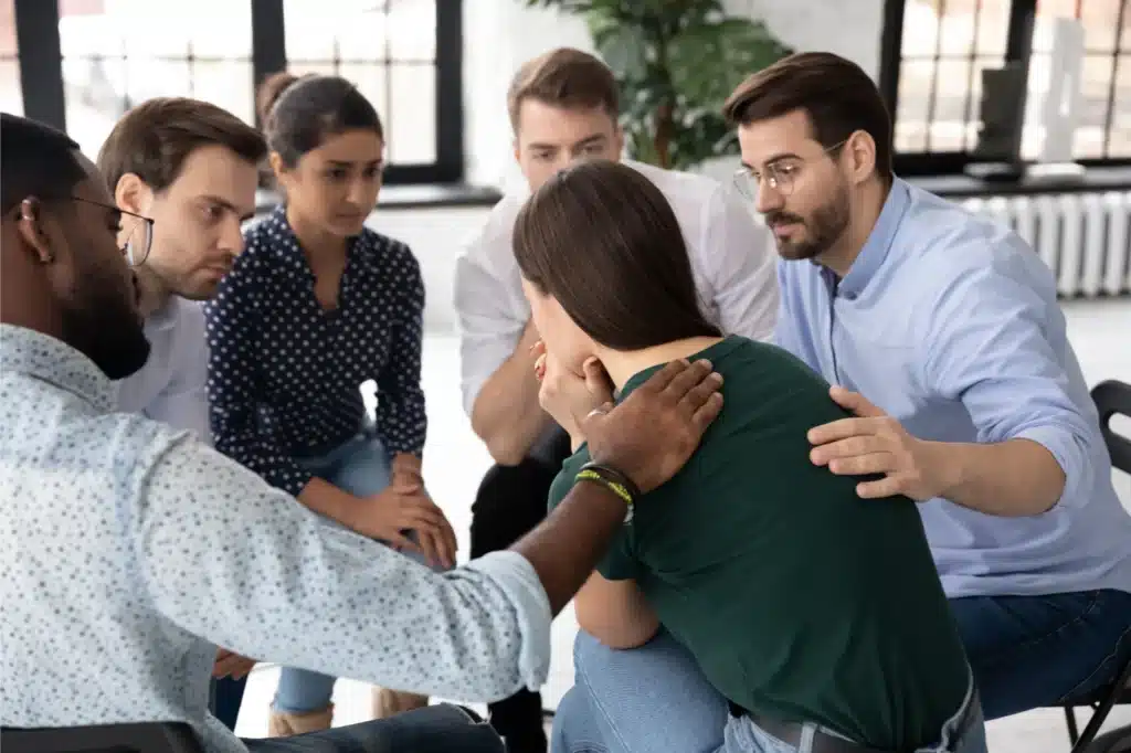 Supportive group therapy session in progressat an inpatient drug rehab.