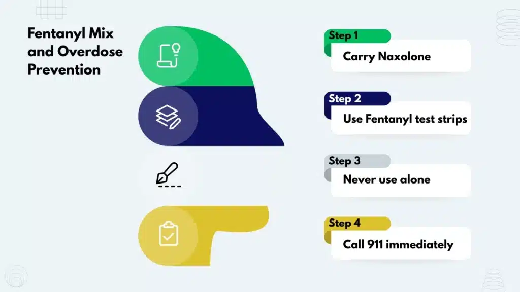 Flowchart showing steps to prevent or respond to meth overdose including naloxone, test strips, and calling 911. Flowchart showing steps to prevent or respond to meth overdose including naloxone, test strips, and calling 911.