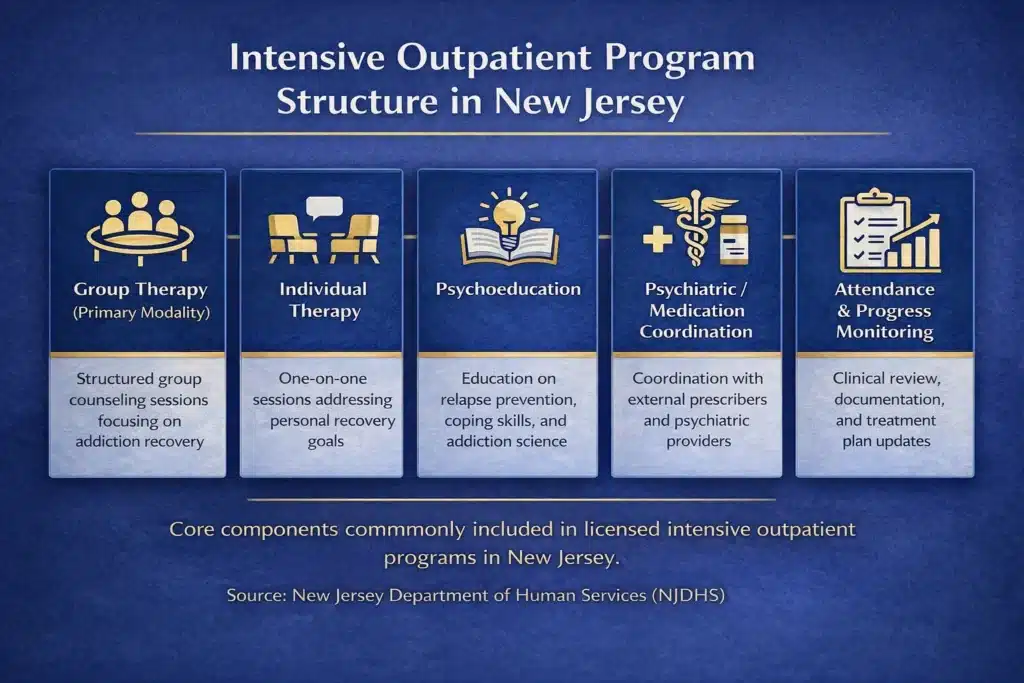 Typical components of an intensive outpatient program for addiction treatment in New Jersey