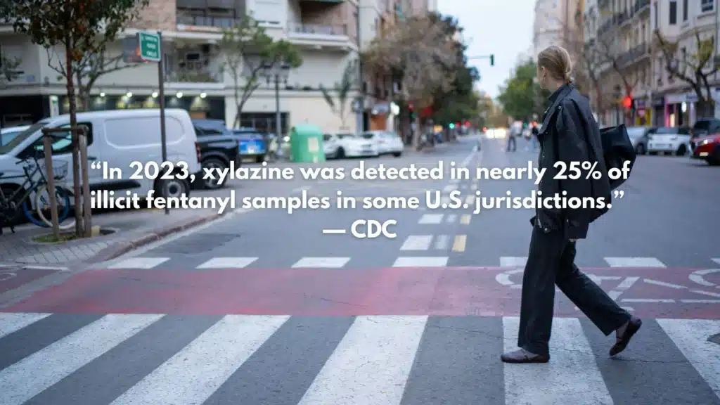 City street scene with blurred pedestrians, representing the public health context of tranq in the drug supply.
