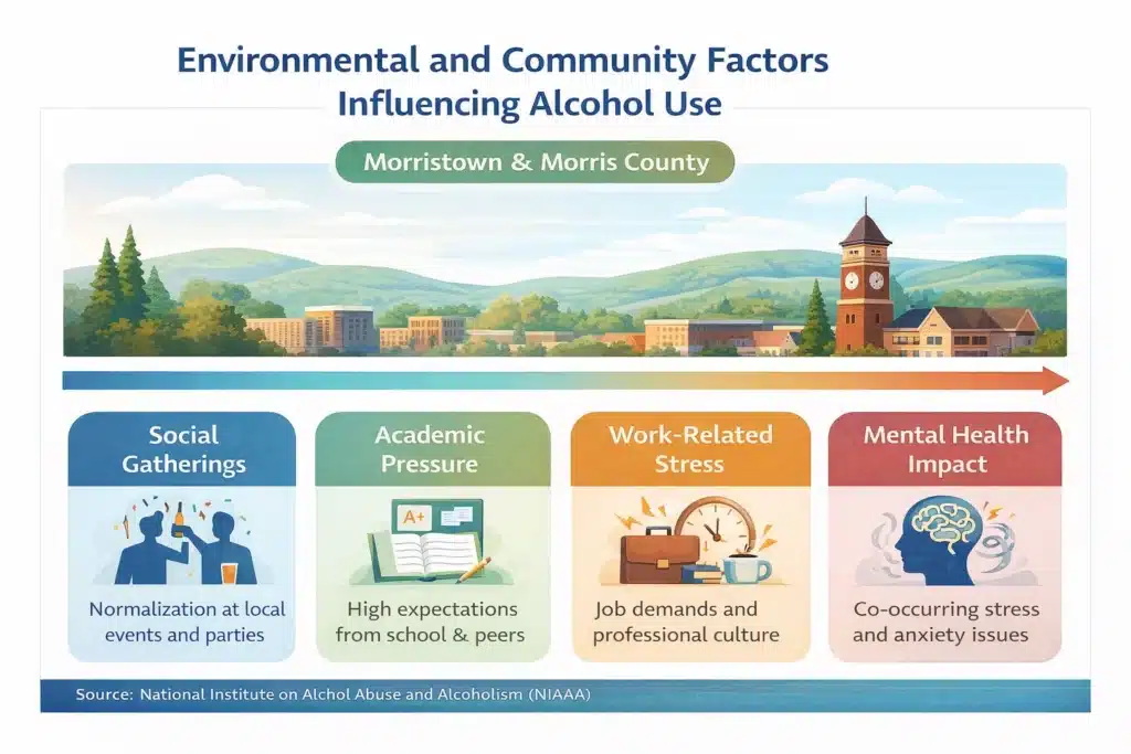 Infographic showing environmental and community factors influencing alcohol use in Morristown and Morris County, NJ