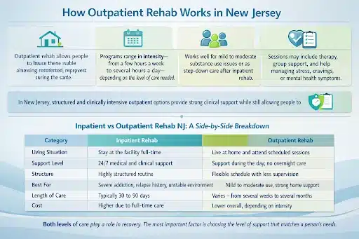Infographic explaining how outpatient rehab works in New Jersey and comparing inpatient vs outpatient rehab across living situation, support level, structure, cost, and length of care.