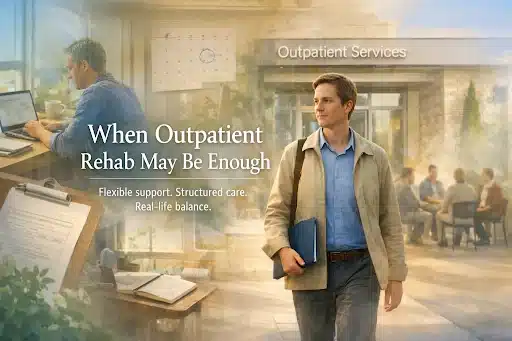 Lifestyle image showing a person attending outpatient rehab while maintaining daily responsibilities, representing structured support without 24-hour inpatient care