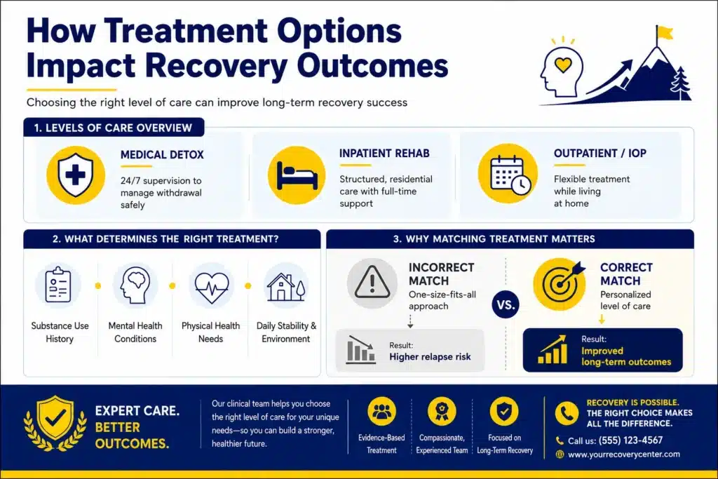 Infographic showing different addiction treatment levels, including detox, inpatient rehab, and outpatient programs, along with key factors like mental health, substance use history, and stability that influence treatment outcomes.