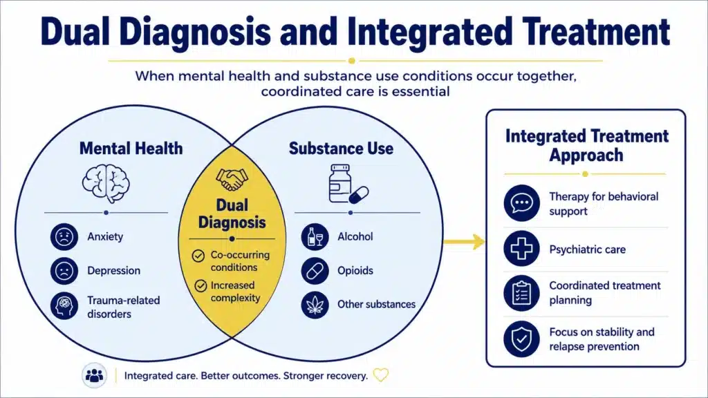 Infographic showing dual diagnosis with overlapping mental health and substance use disorders and how integrated treatment addresses both conditions together.
