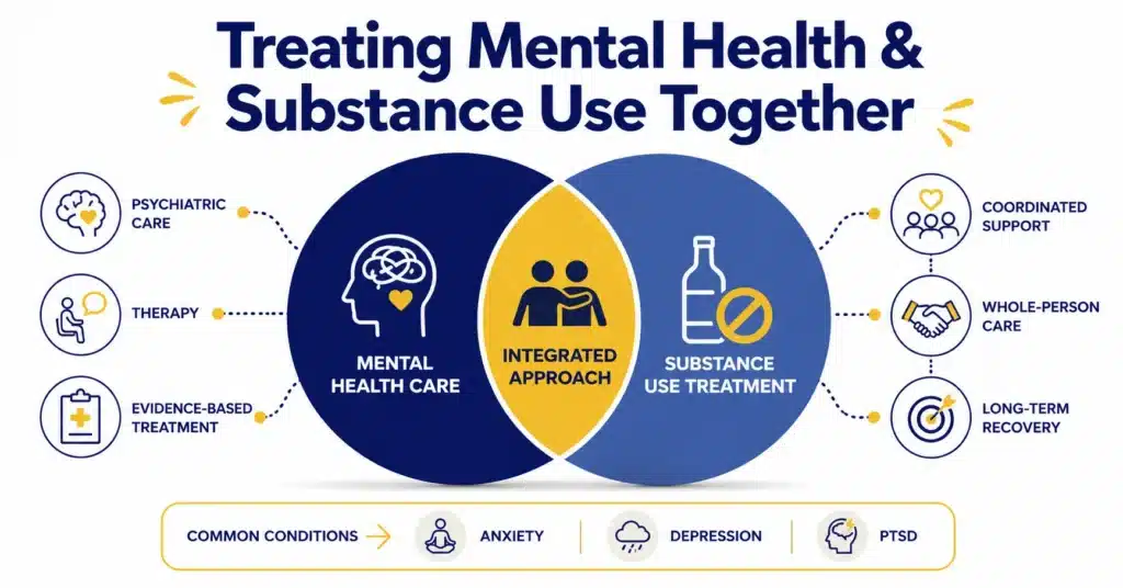 Infographic showing dual diagnosis treatment with overlapping mental health and substance use care in an integrated approach.