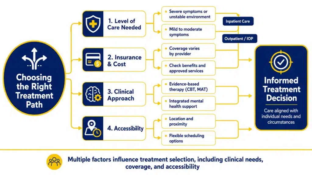 Infographic showing how to choose the right rehab program based on level of care, insurance coverage, clinical approach, and accessibility factors.