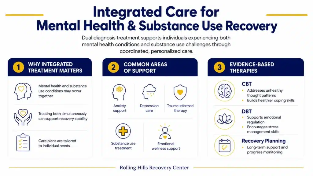 Infographic explaining integrated dual diagnosis treatment approaches that support both mental health and substance use recovery through coordinated care and evidence-based therapies.