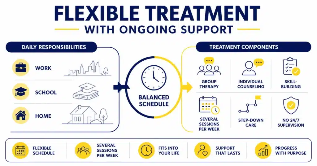 Infographic showing an intensive outpatient program schedule balancing therapy sessions with work, school, and daily responsibilities.