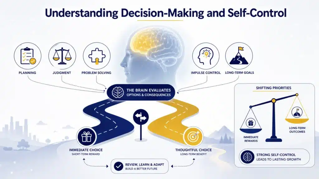 Infographic illustrating how the prefrontal cortex supports judgment, planning, impulse control, and long-term decision-making.