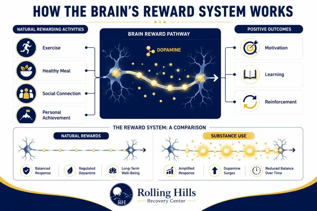 Infographic showing how the brain's reward system uses dopamine to reinforce behaviors associated with motivation, learning, and positive experiences.