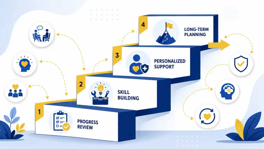 Infographic illustrating how addiction treatment plans evolve throughout recovery with progress reviews, skill building, personalized support, and long-term recovery planning. Infographic illustrating how addiction treatment plans evolve throughout recovery with progress reviews, skill building, personalized support, and long-term recovery planning.