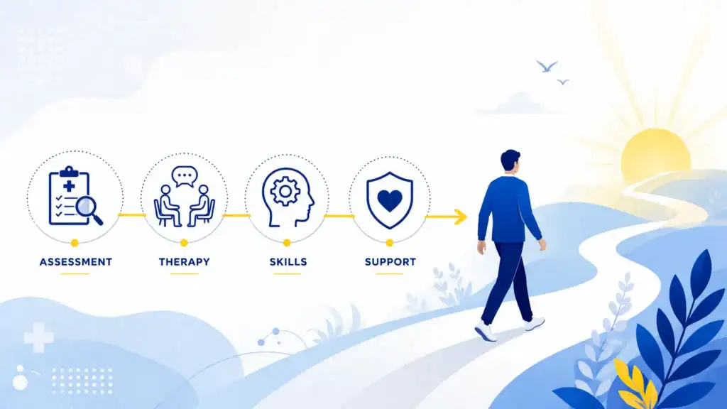 Infographic illustrating the stages of longer-term addiction treatment, including assessment, therapy, coping skills development, and ongoing recovery support. Infographic illustrating the stages of longer-term addiction treatment, including assessment, therapy, coping skills development, and ongoing recovery support.