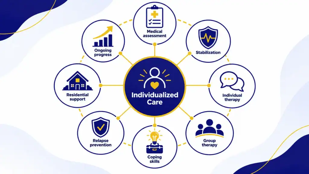 Infographic showing the key components of a 90-day rehab program, including assessment, therapy, coping skills, residential care, relapse prevention, and individualized treatment planning. Infographic showing the key components of a 90-day rehab program, including assessment, therapy, coping skills, residential care, relapse prevention, and individualized treatment planning.