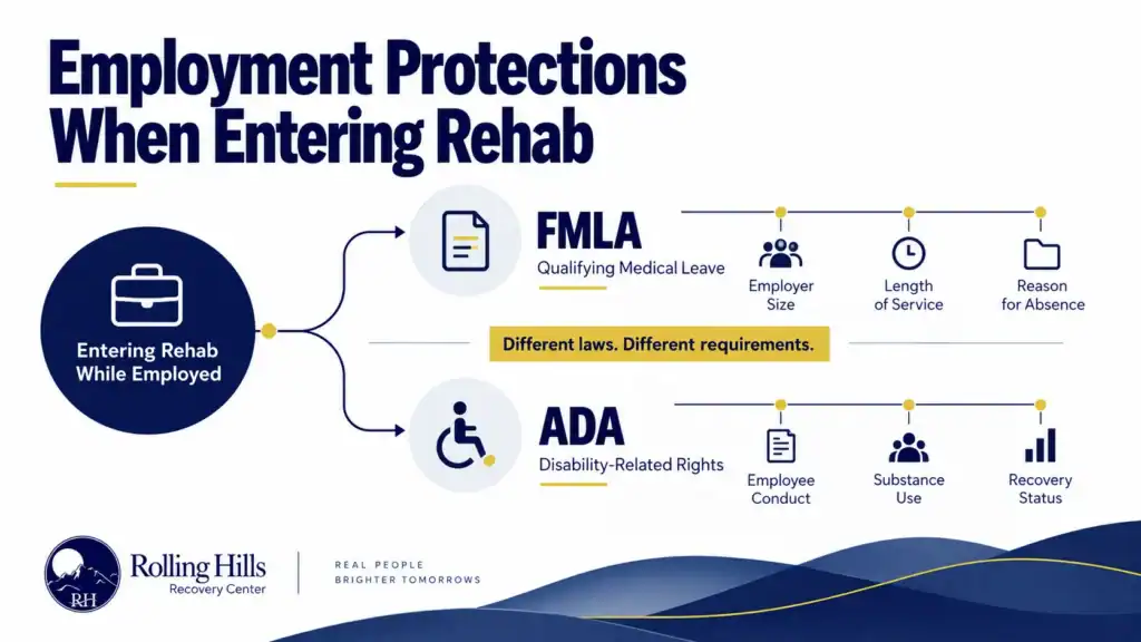 Infographic showing FMLA medical leave and ADA disability protections as separate considerations when entering rehab while employed.