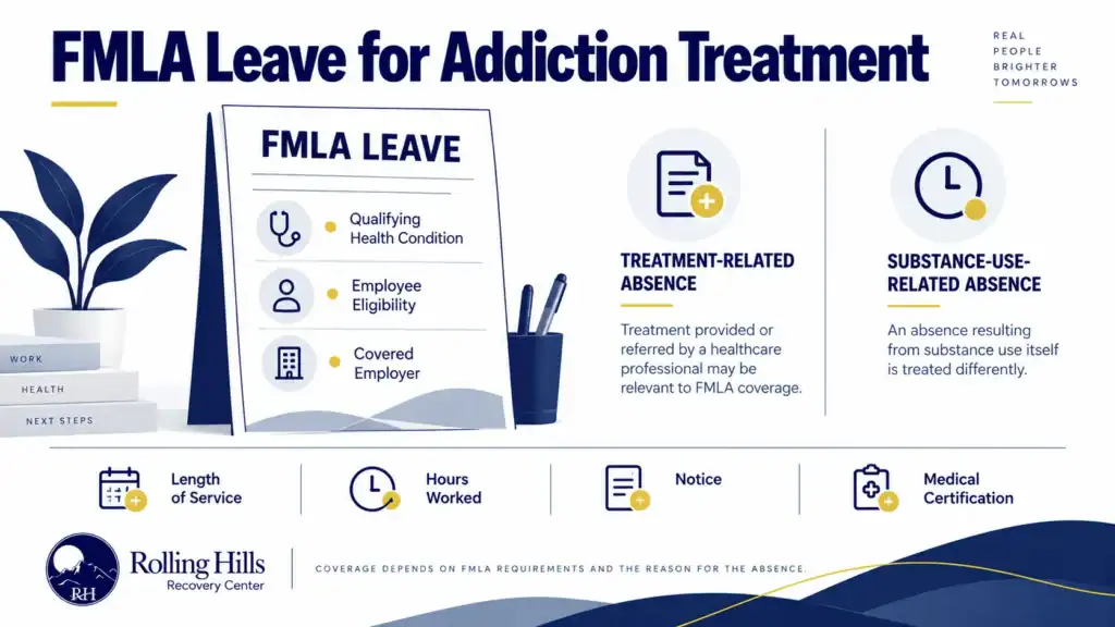 Infographic explaining FMLA considerations for addiction treatment, including eligibility, qualifying health conditions, and the reason for an absence.