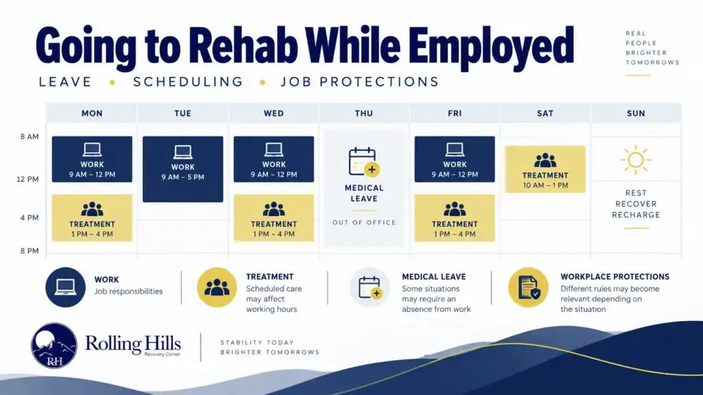 Infographic showing how work schedules, addiction treatment, medical leave, and workplace protections may intersect while attending rehab.