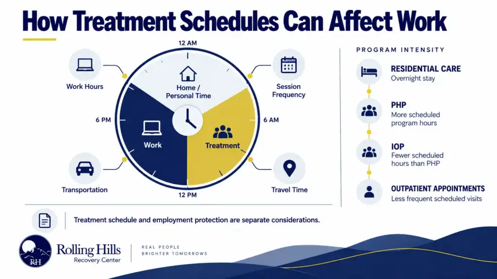 Infographic showing how residential care, PHP, IOP, and outpatient appointments can involve different scheduling considerations alongside work.