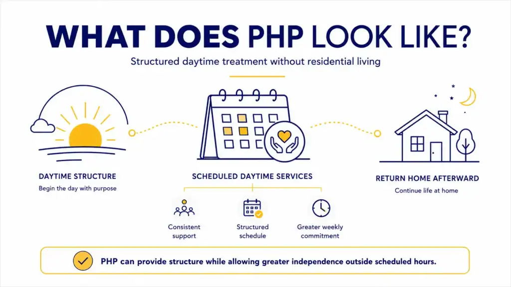 Infographic showing how a partial hospitalization program provides structured daytime addiction treatment while participants continue living at home.